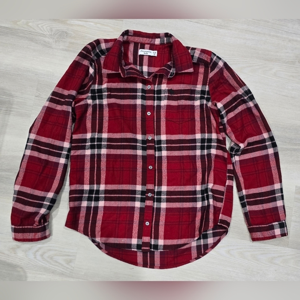 Abercrombie Kids Red and Black Plaid Button Up Shirt Girls Size 15/16